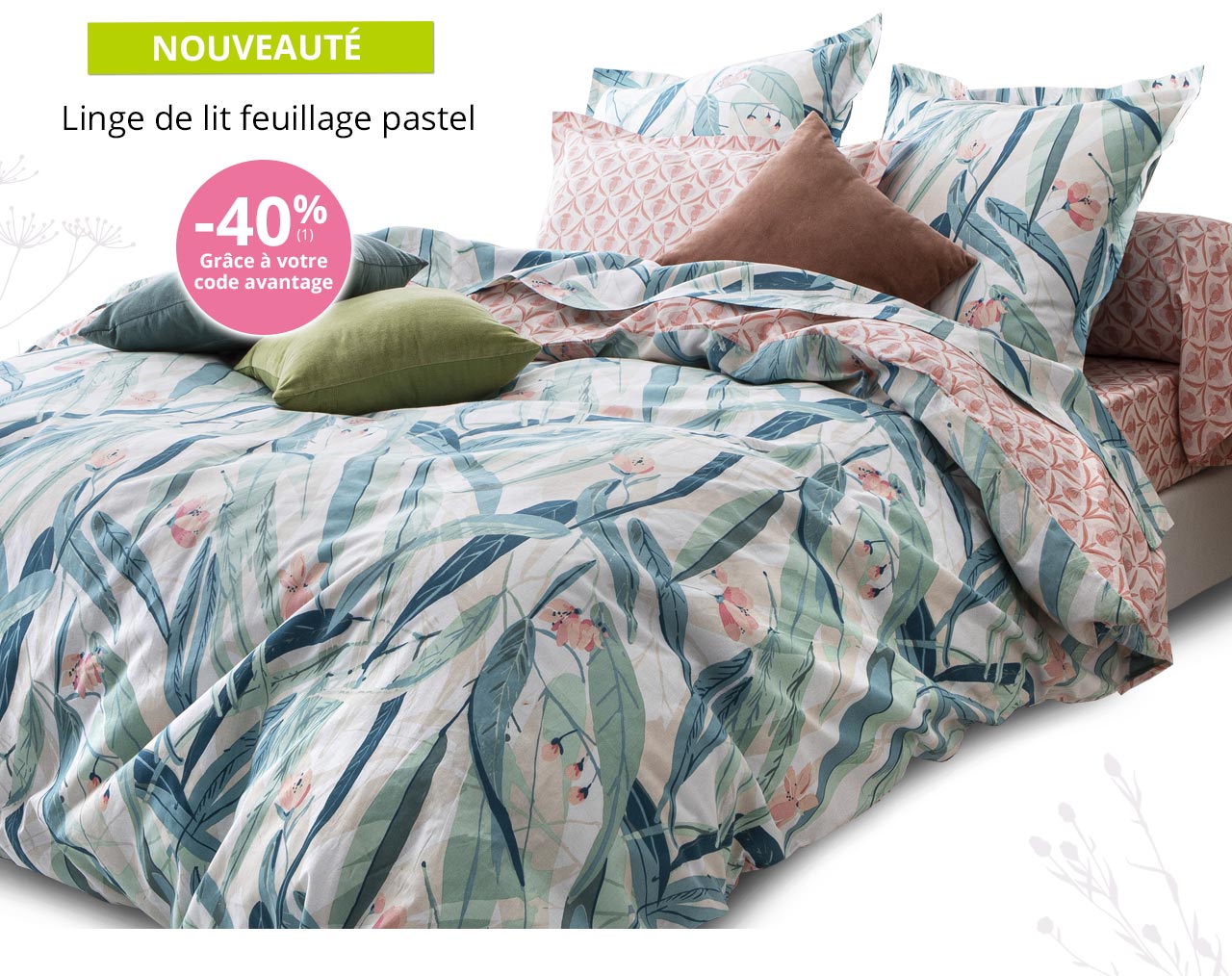 Linge de lit feuillage pastel