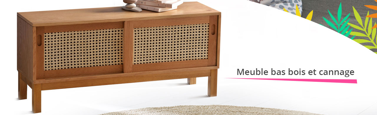 Meuble bas bois et cannage