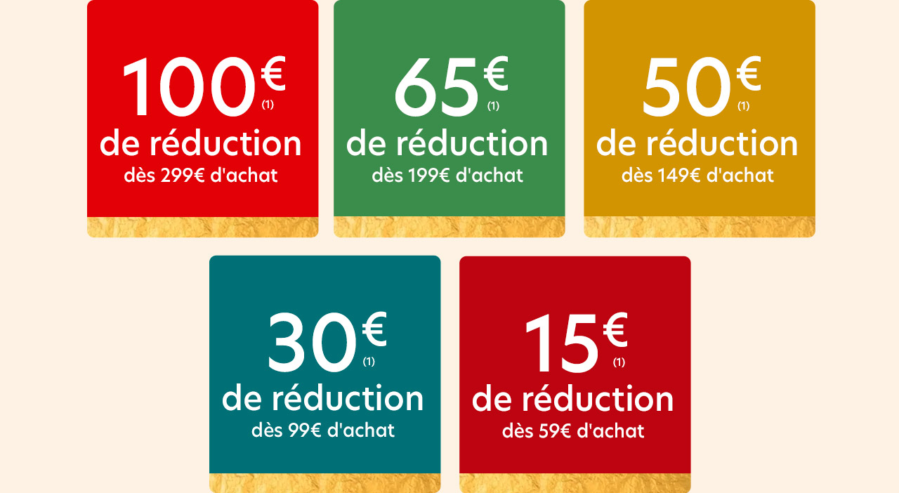 -100€ dès 299€ d'achat, -65€ dès 199€ d'achat, -50€ dès 149€ d'achat, -30€ dès 99€ d'achat, -15€ dès 59€ d'achat 