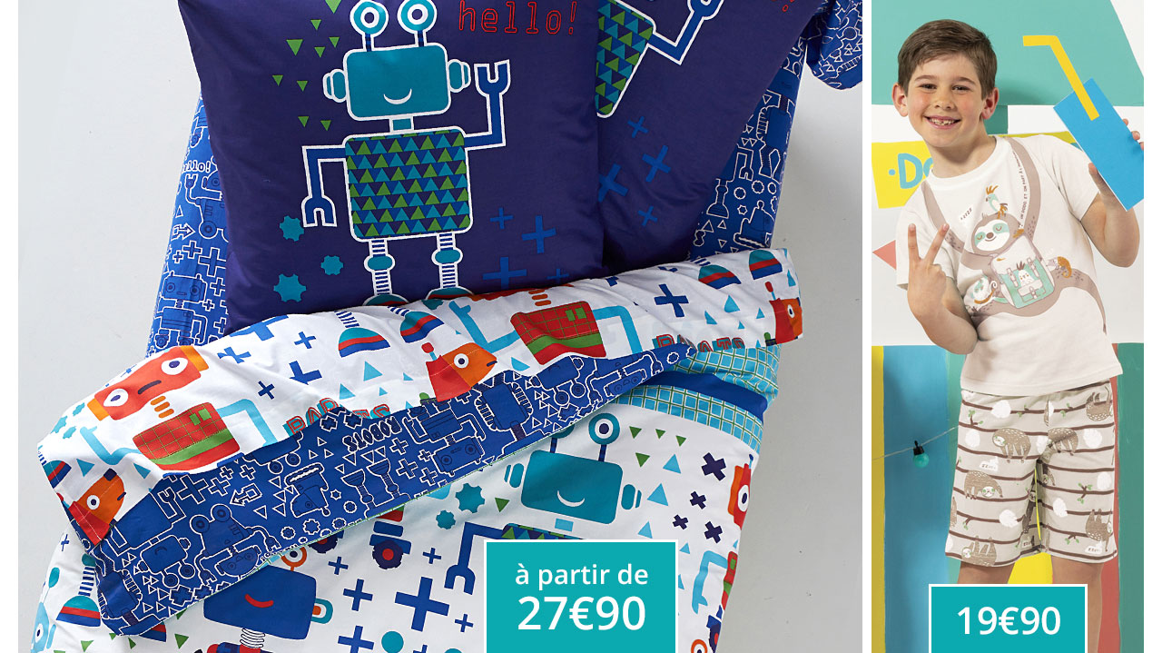 Linge de lit motif robots, pyjama motif paresseux&mldr;